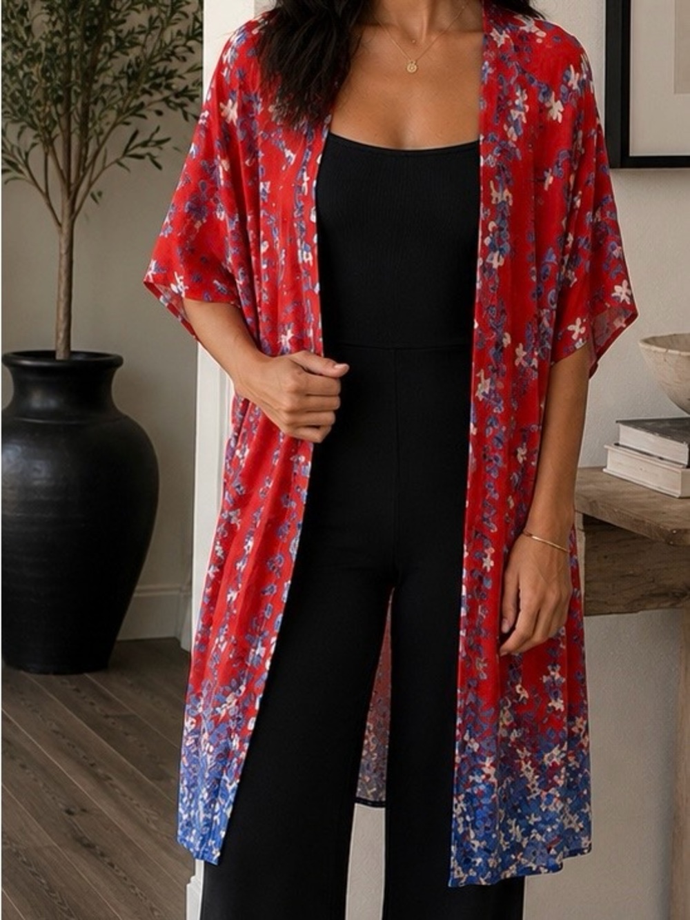 Umgee Women's Red Floral Kimono Robe - M/L